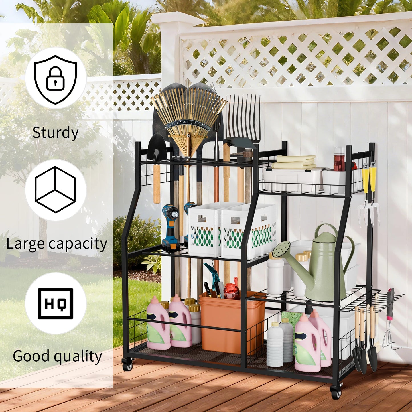 Metal Freestanding Garage Tool Organizer Cart On Wheels Five Shelves