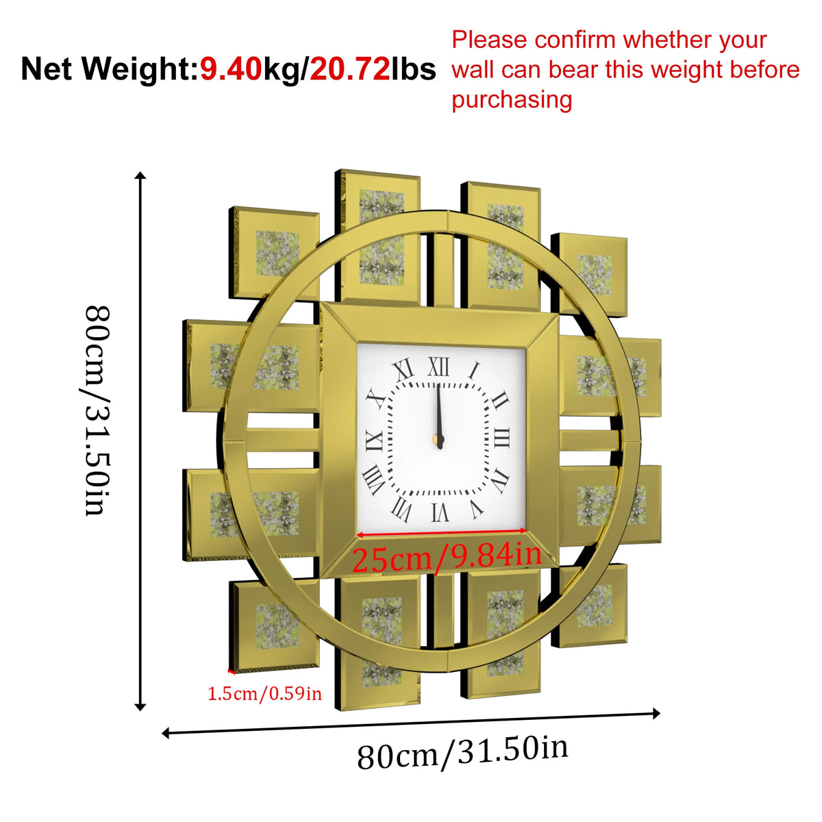 Irregular Mirrored Wall Clock With Diamond Sparkle And Roman Numerals