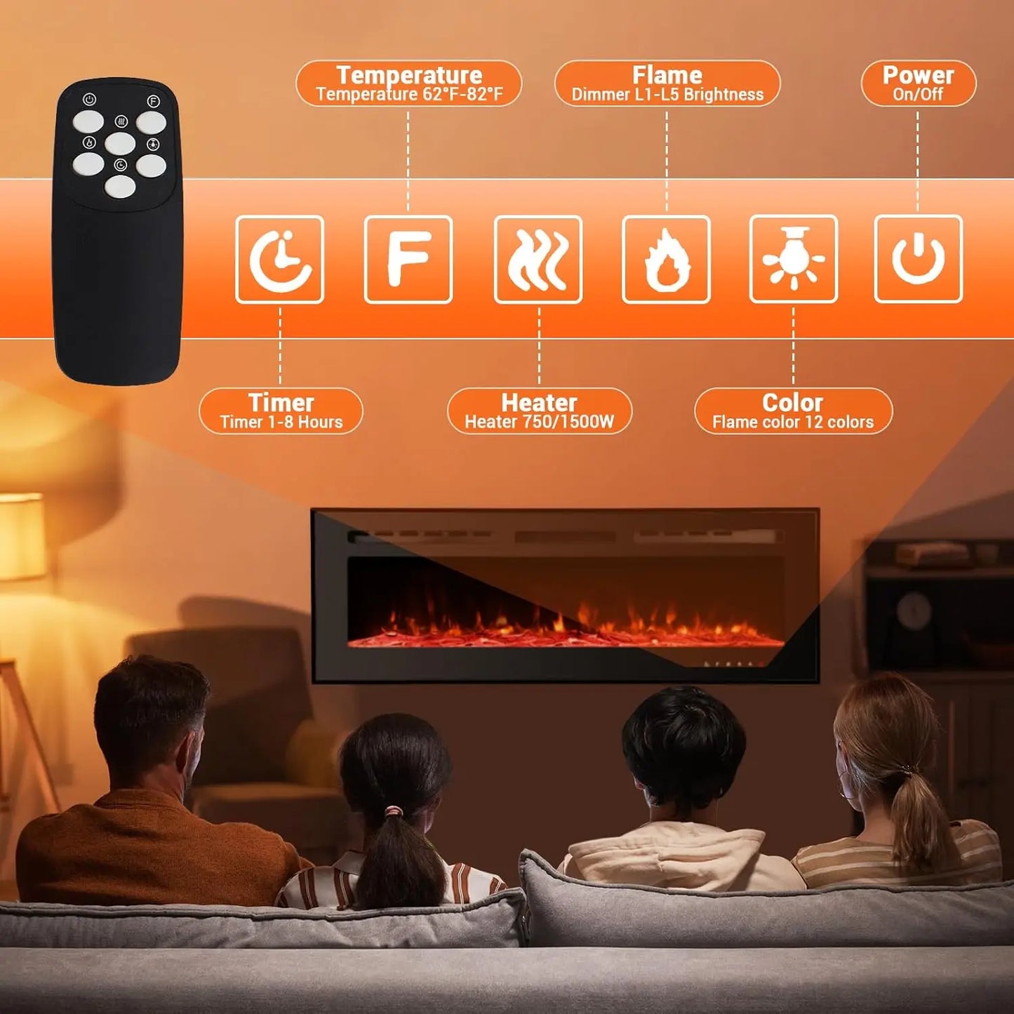 Acekool Electric Fireplace With Remote Wall Mounted Heater