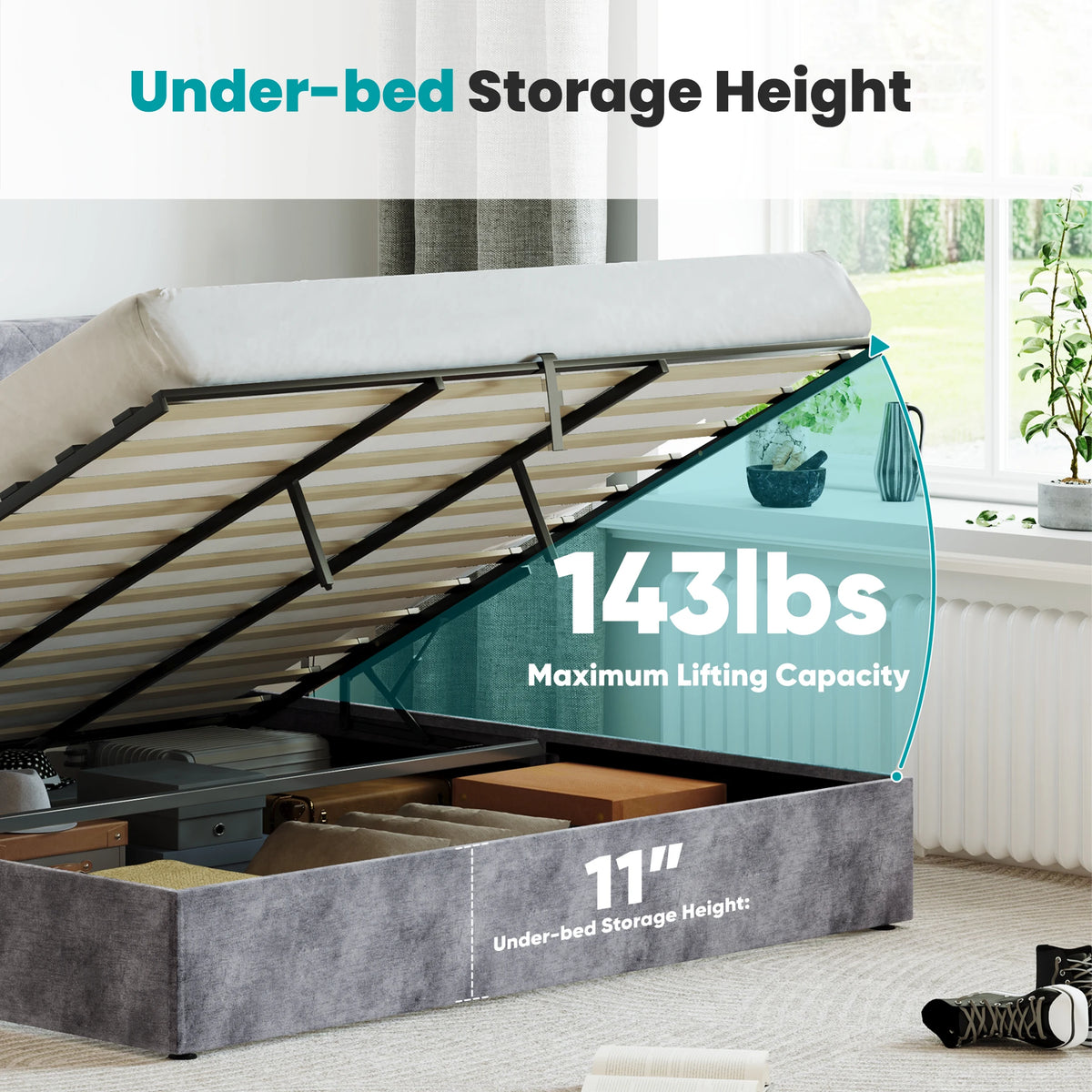 MCQ Lift Up Storage Bed Frame With Wingback Upholstered Headboard