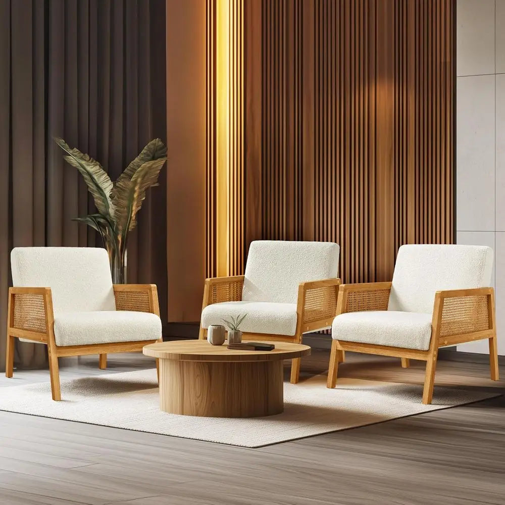 Rattan Accent Chairs Set Boho Vintage Boucle Fabric Reading Chairs