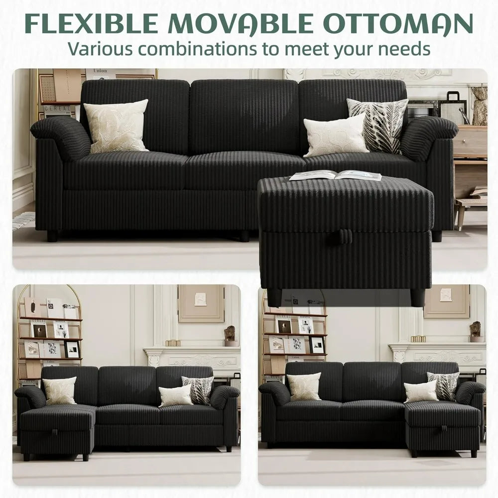 L-Shaped Convertible Sofa With Storage Ottoman And Side Pocket