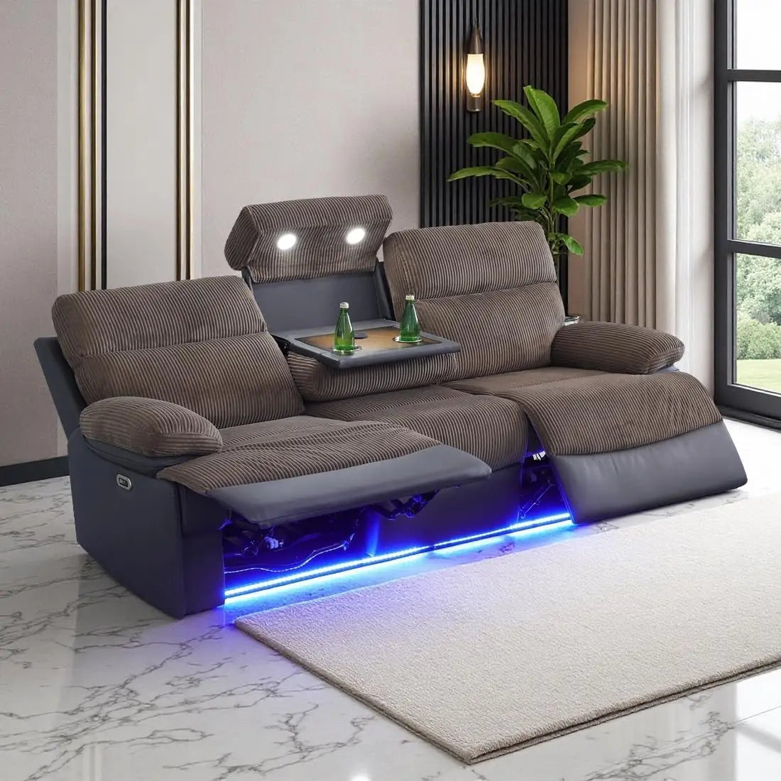 Power Recliner Loveseat With LED Lighting And Breathable Leather