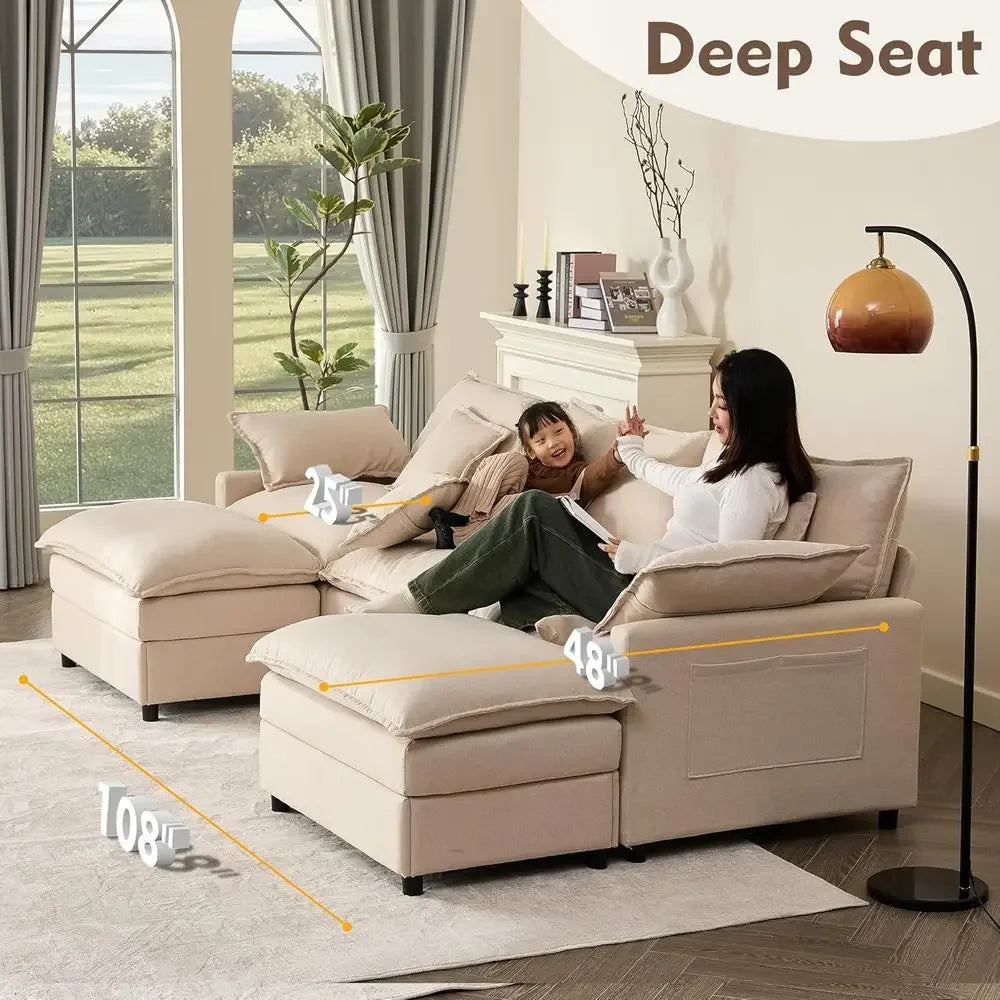 Modular Sectional Sofa Set With Movable Ottoman And Deep Seats