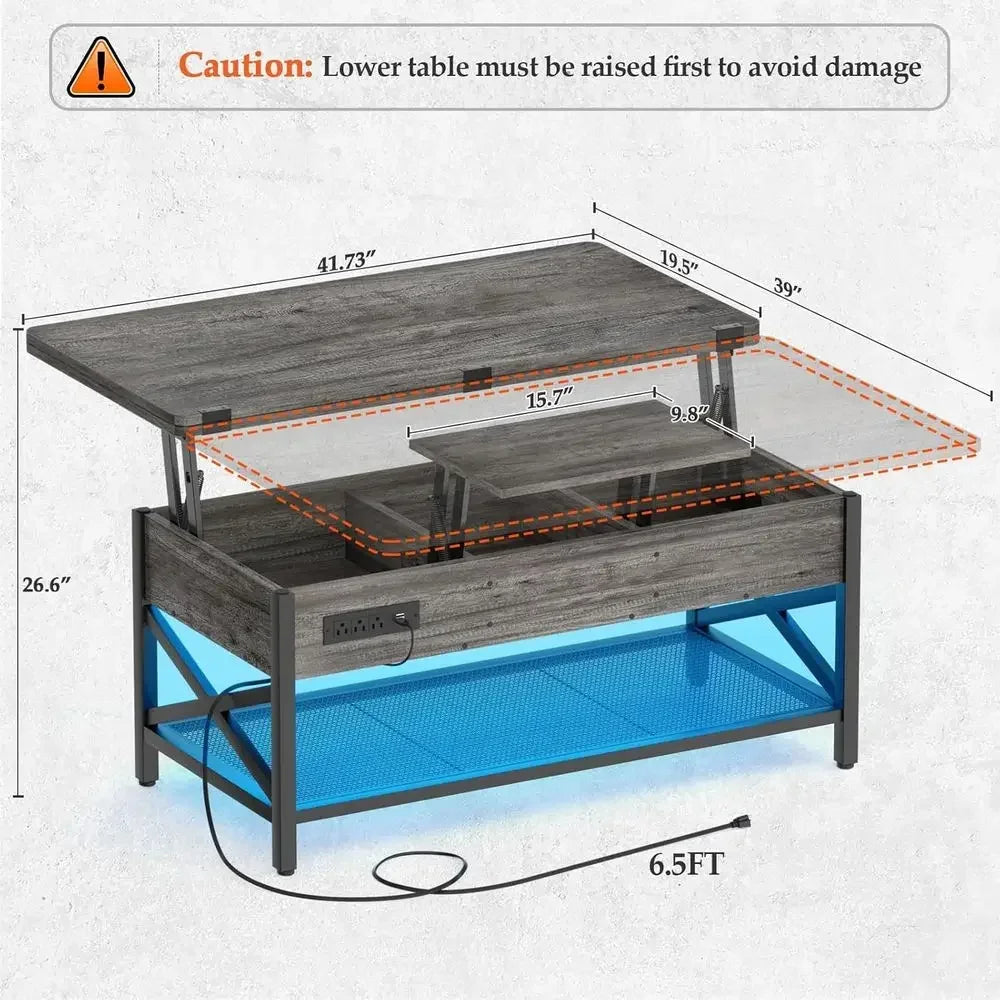 Coffee Table With Lit Top Converts To Dining Table LED Power Outlet