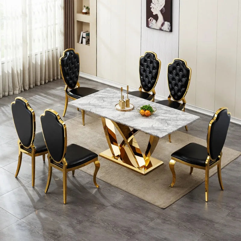 Dutrieux Luxury 6 Person Dining Table Modern Gold Legs Faux Marble