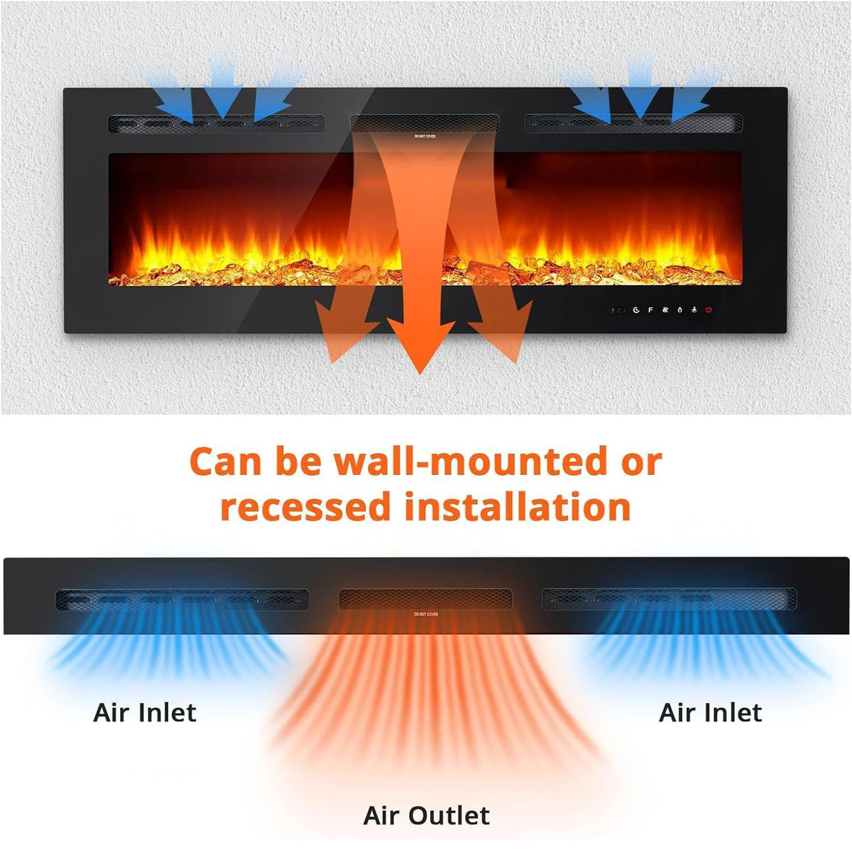 Acekool Wall Mounted Electric Fireplace With 3D Flame Effects Remote Control