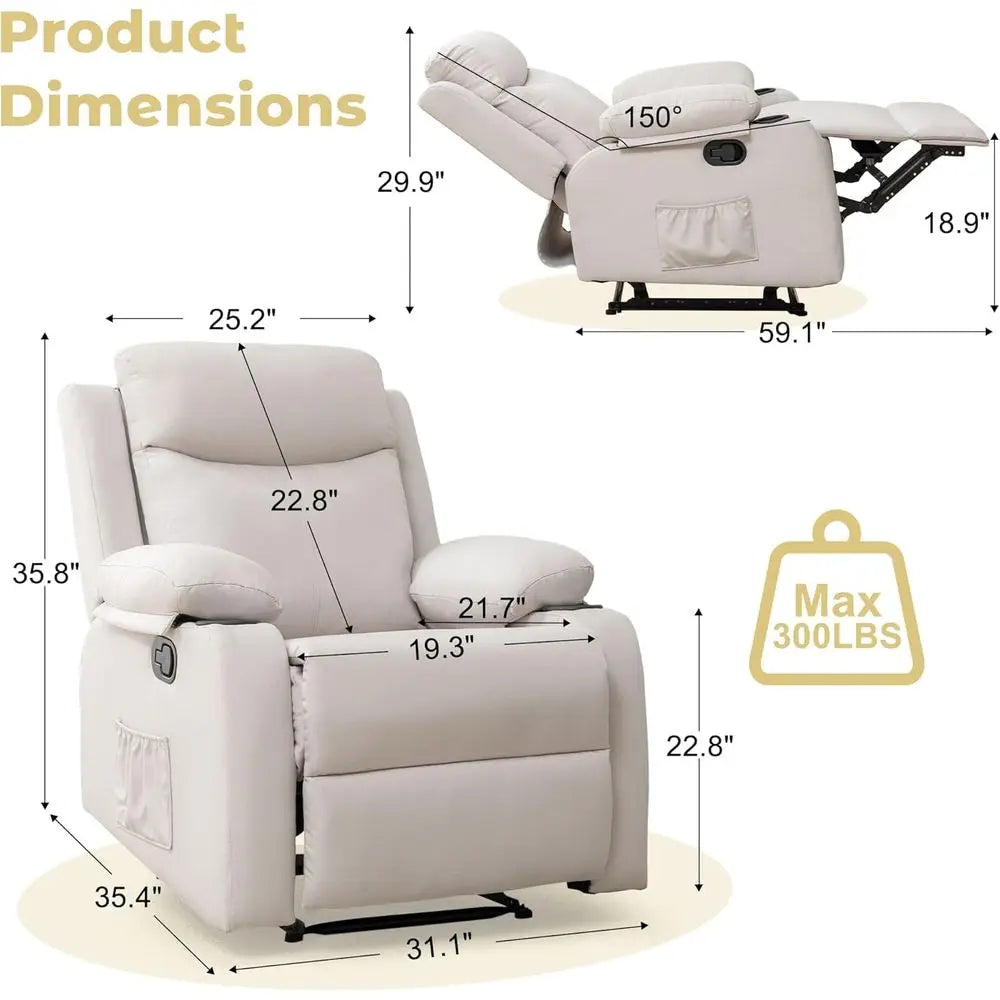 Manual Recliner Chair With Adjustable Backrest And Cup Holders