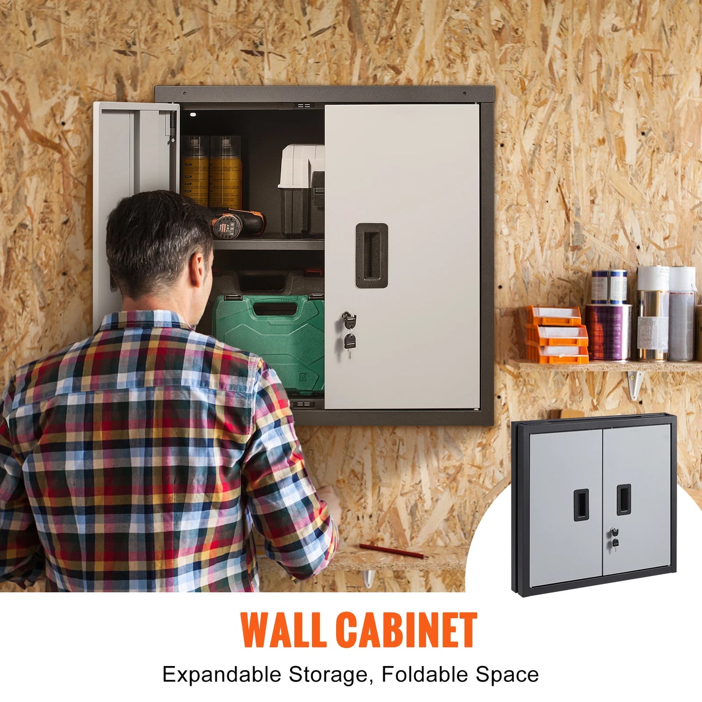 SucceBuy Foldable Metal Garage Wall Cabinet With Adjustable Shelf