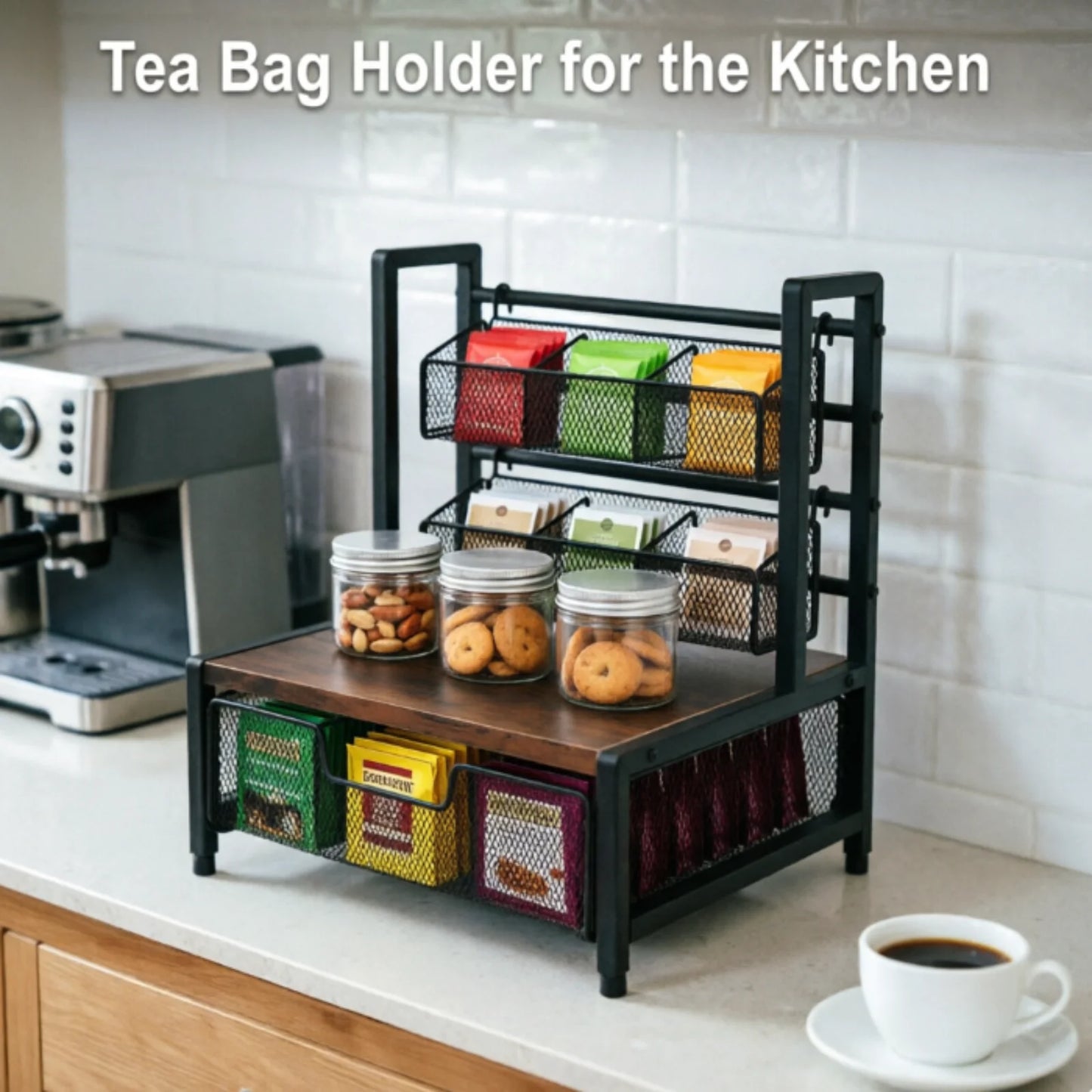 Kitchen Tea Bag Holder Counter Organizer Space Saver With Wire Baskets