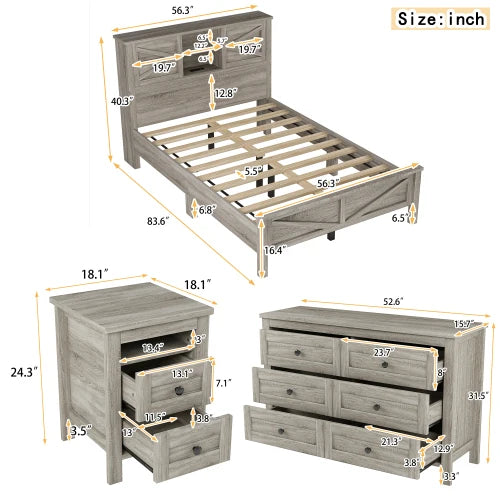 Farmhouse Platform Bed With Double Sliding Door Storage Charging Station