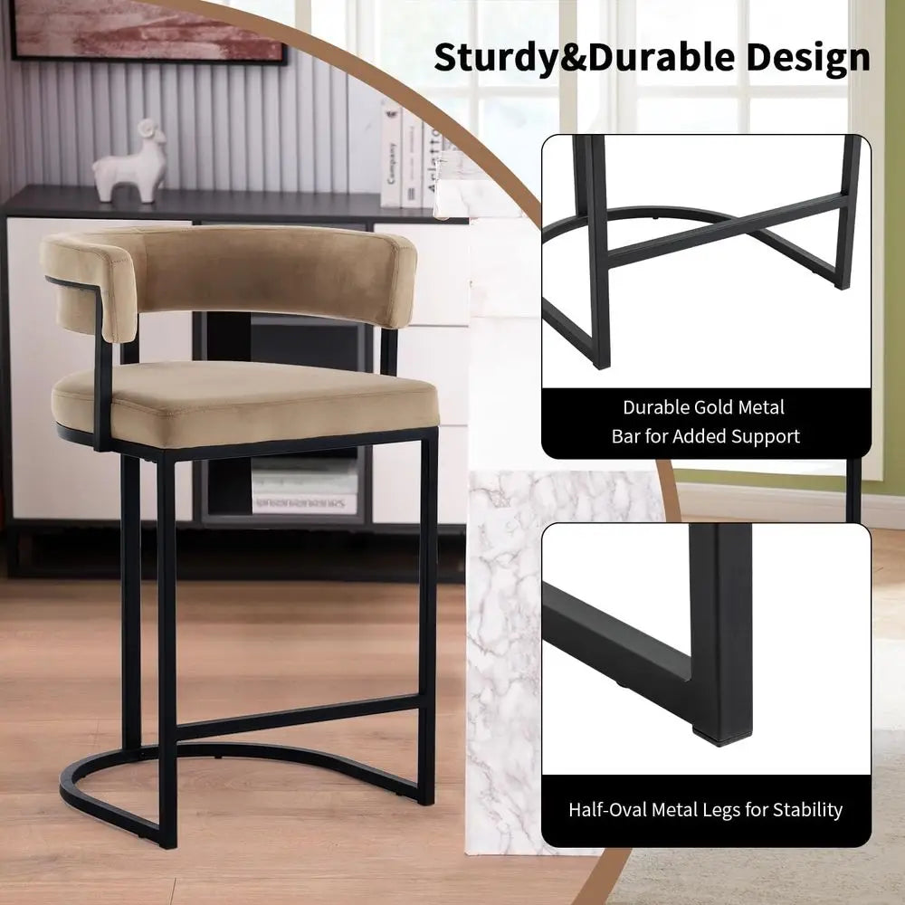 Velvet Bar Stools With Barrel Backrest and Metal Footrest