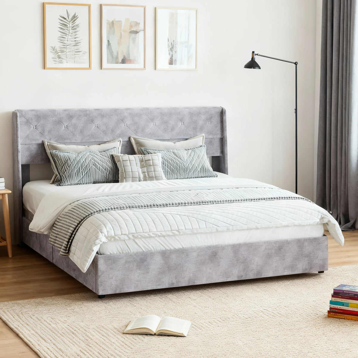 MCQ Lift Up Storage Bed Frame With Wingback Upholstered Headboard