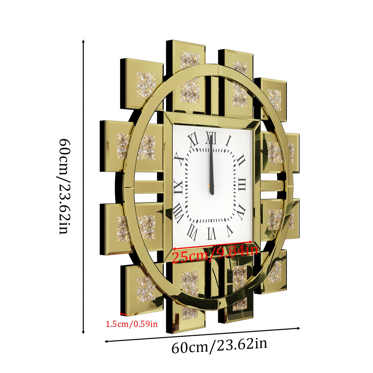 Irregular Mirrored Wall Clock With Diamond Sparkle And Roman Numerals