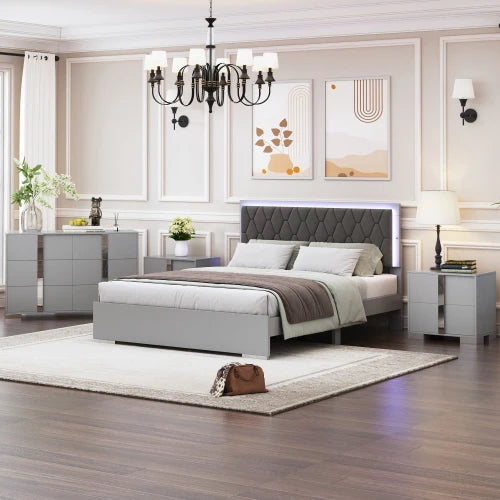 4-Piece Upholstered Bedroom Set With LED Lights And Mirrored Nightstands