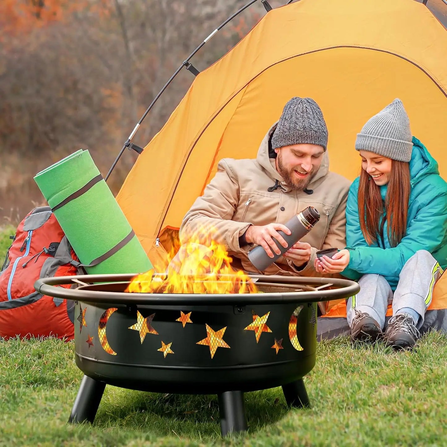 Metal Wood Burning Fire Pit With Mesh Cover Fire Poker