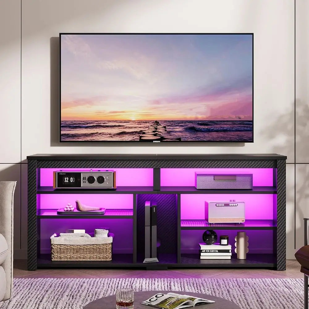 Tall TV Stand With LED Lights And Storage For Gaming Console