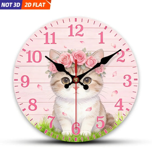 Livi Cat And Rose Wreath Wall Clock With Silent Operation
