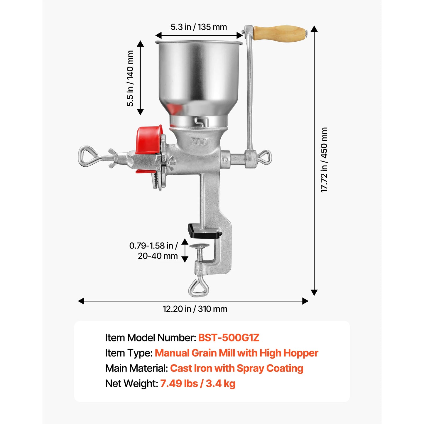 SucceBuy Manual Grain Mill With High Hopper Hand Crank