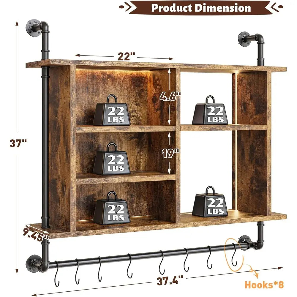 4-Tier Industrial Pipe Wall Mount Shelves With Dimmable RGB LED