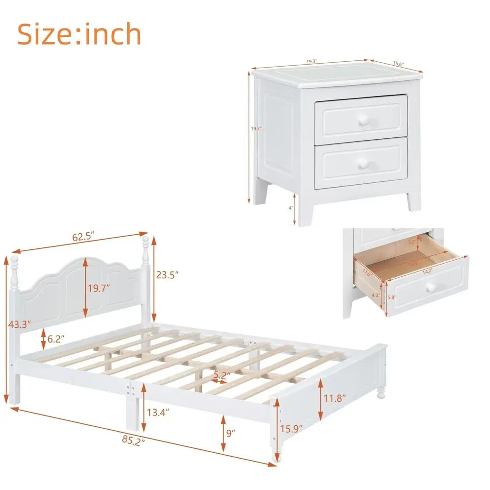 Bright Designs 3 Piece Wood Platform Bed Set With Nightstands