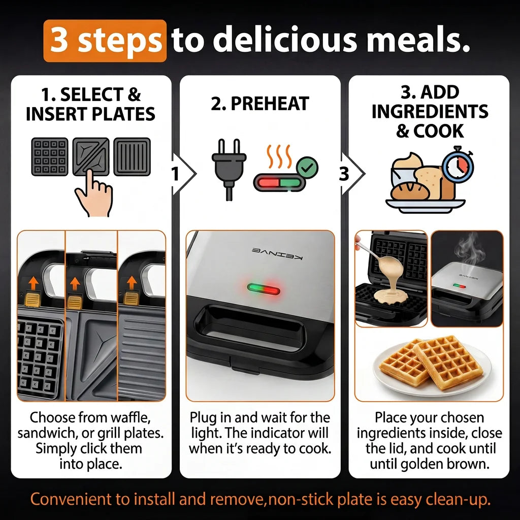 CACHOO Three In One Sandwich Maker Panini Press Waffle Iron