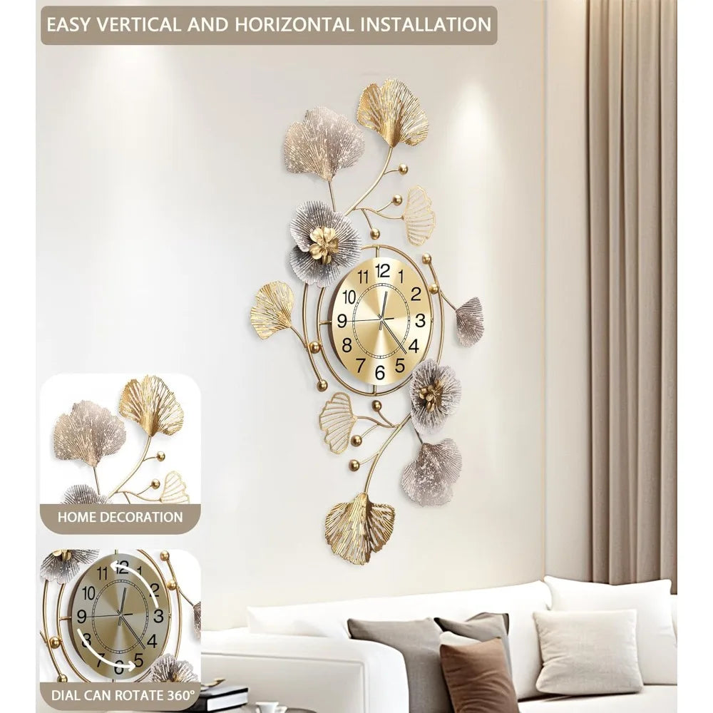 3D Silent Ginkgo Leaf Wall Clock With Retro Metal Design