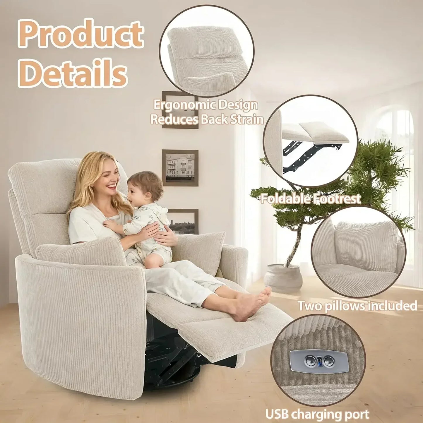Electric Rocking Recliner With Power Swivel Nursery Glider