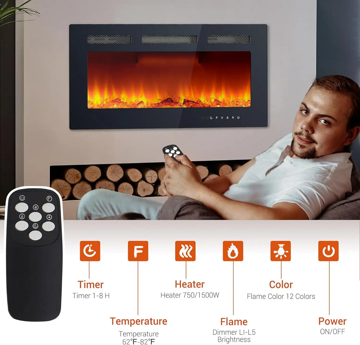 Wall Mounted Electric Fireplace Heater With Touchscreen Remote Control