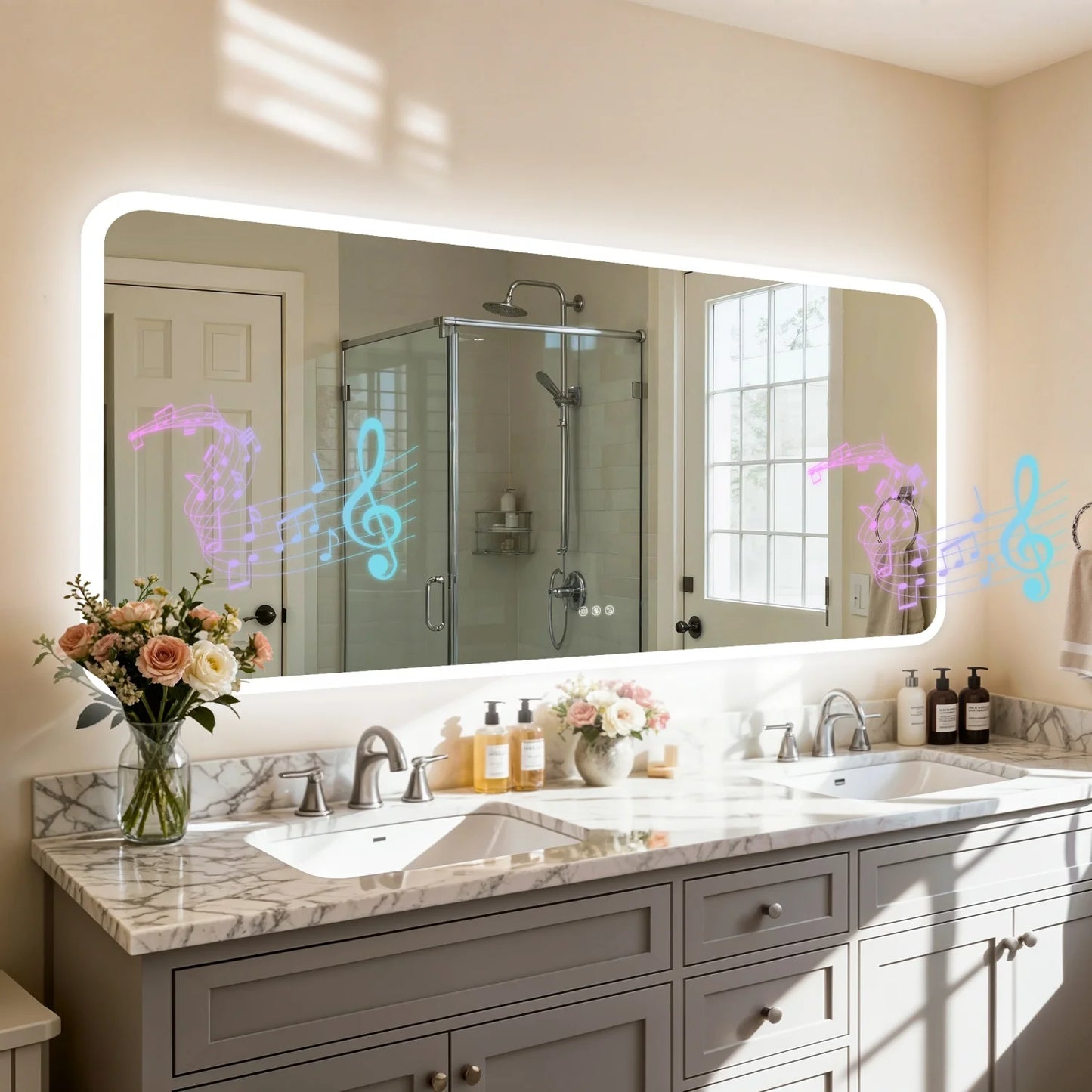 Rectangle LED Bathroom Mirror With Bluetooth Speaker Anti Fog Backlight Dimmable