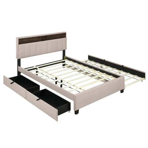 Upholstered Platform Bed With Storage Headboard And USB Ports