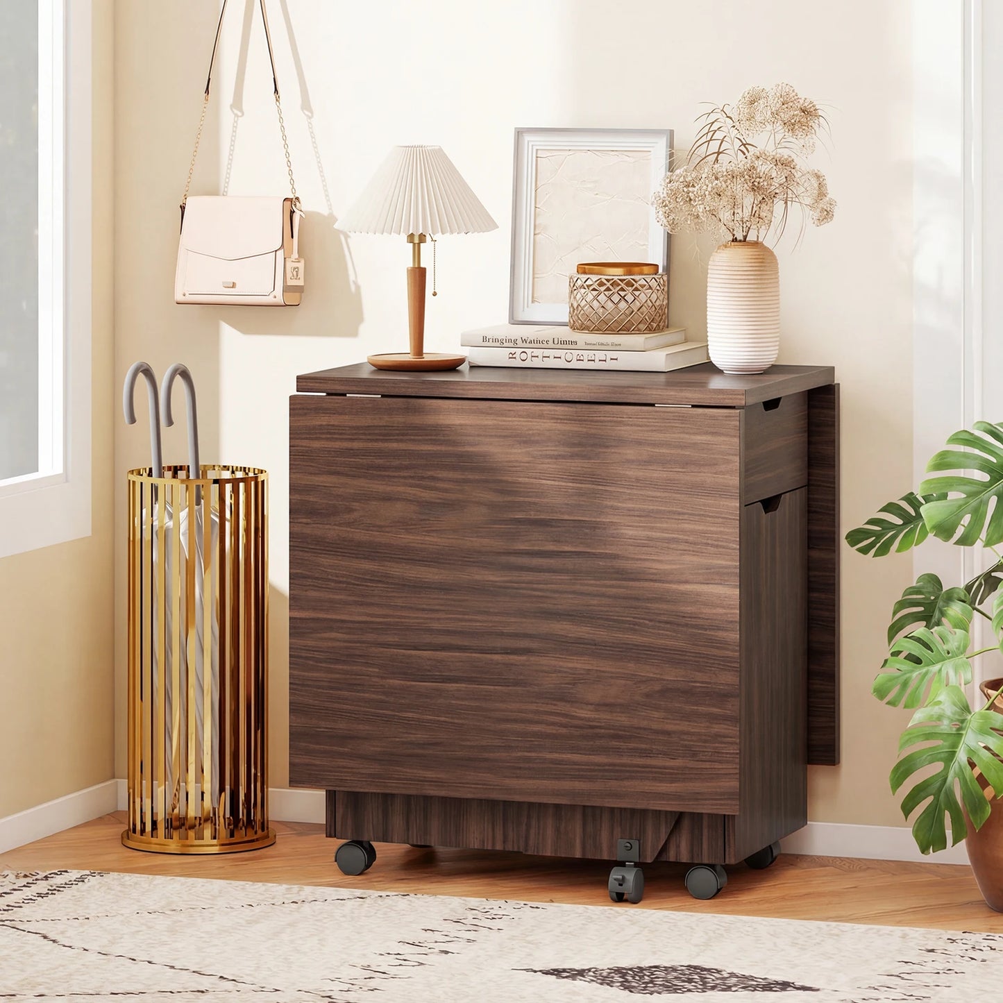 HOMASIS Folding Dining Table With Lockable Wheels Drawers And Cabinets