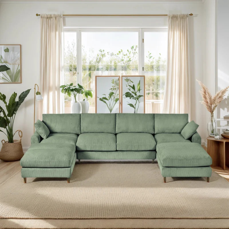 Modular Corduroy Sectional Sofa Set U Shaped Convertible With Pillow Footstool