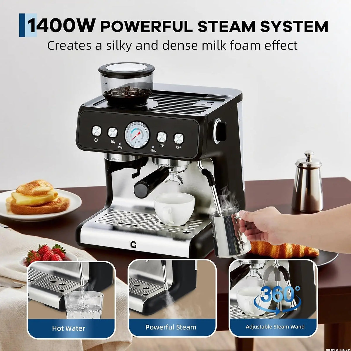 HiMISS Espresso Machine With Grinder And 20 Bar Pressure
