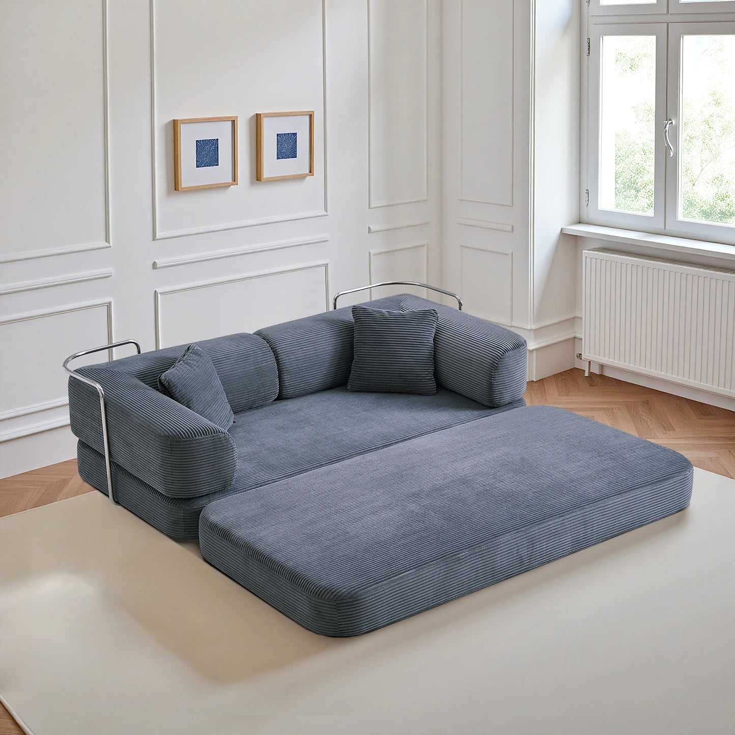 Futon Sofa Bed Convertible Corduroy Couch With L Shaped Armrests For Living Room