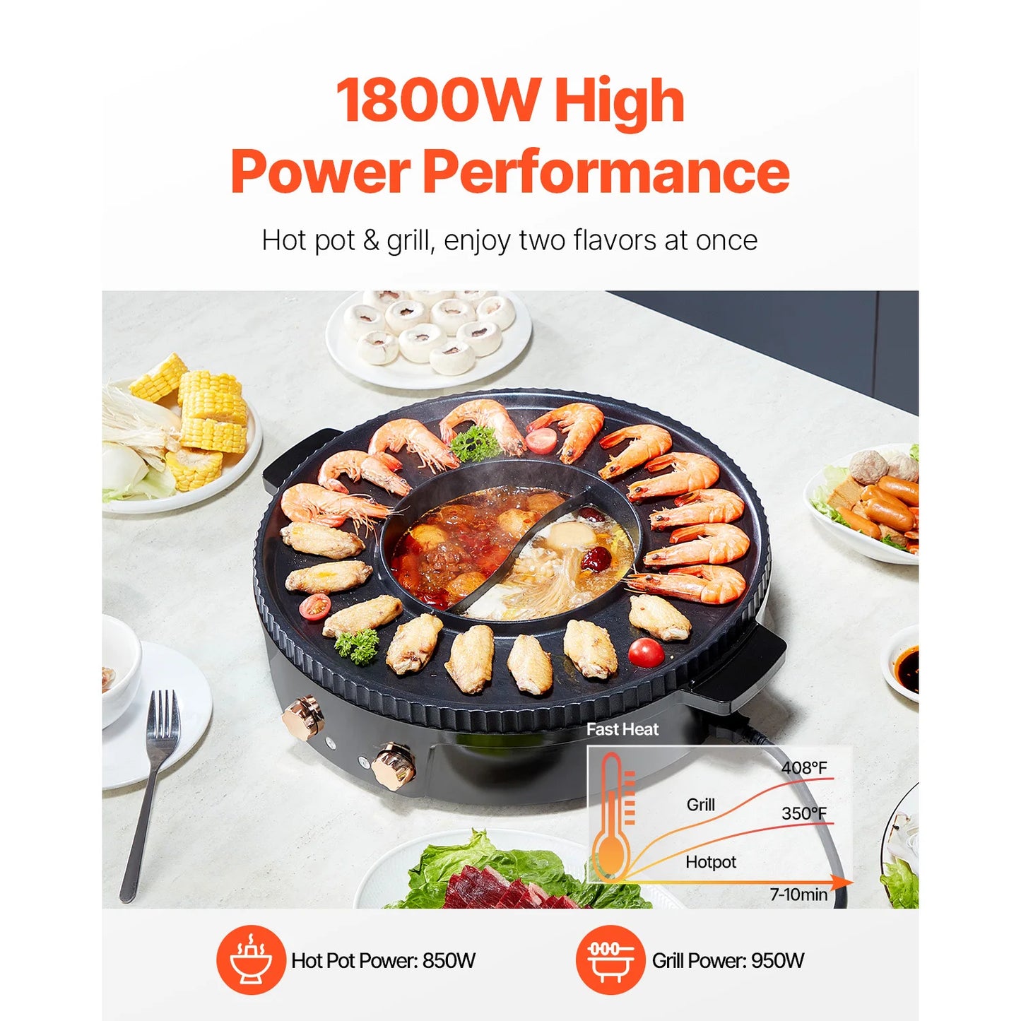 SucceBuy 1800W 2 In 1 Smokeless Electric Grill Hot Pot