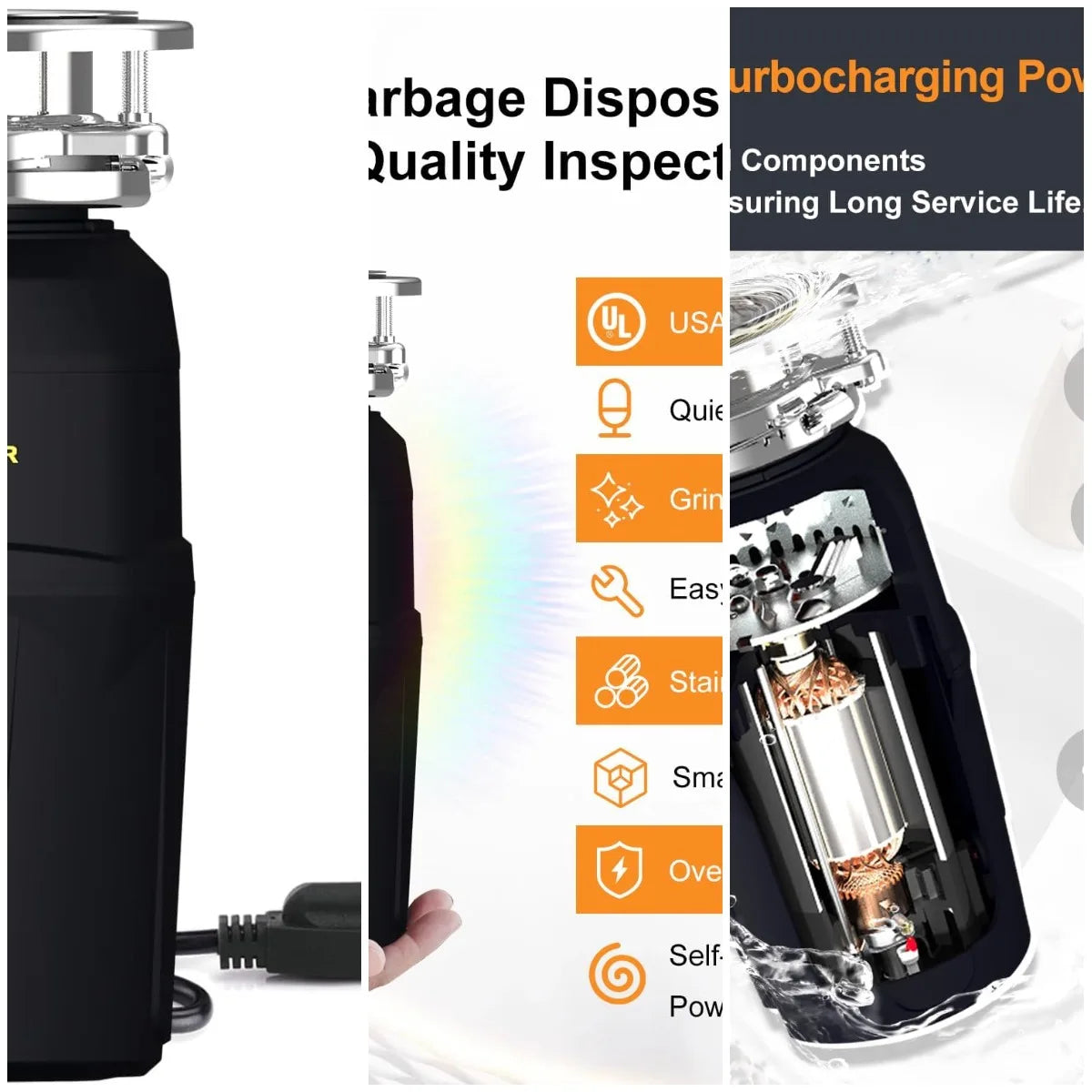 XMSJ 3/4 HP Garbage Disposal For Kitchen Sink Quiet With Power Cord