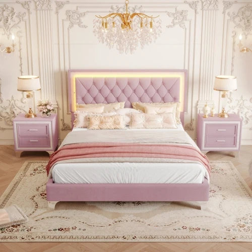 Queen Size Upholstered Platform Bed With LED Lights And Nightstands