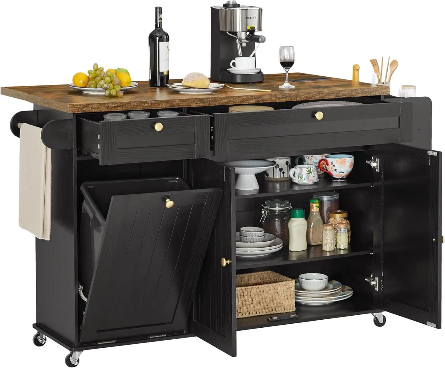 ONBRILL Mobile Kitchen Island With Drop Leaf Power Outlet Towel Rack