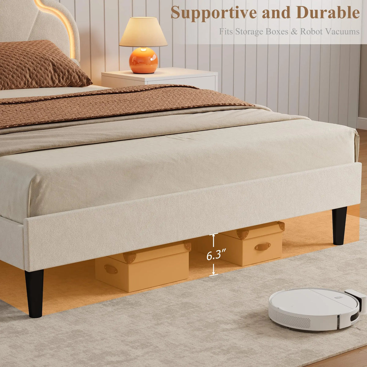 HiMISS Upholstered LED Bed Frame With Velvet Shell Headboard