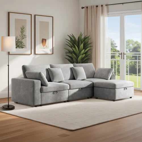 L Shaped Velvet Sofa Cloud Style With Storage Ottoman