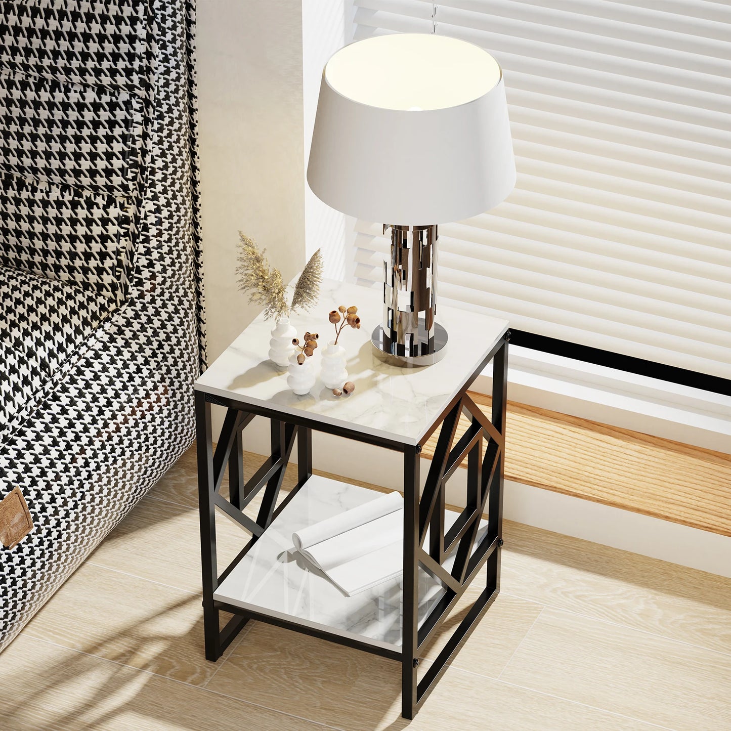 White Marble Top Side Table With Black Coated Frame
