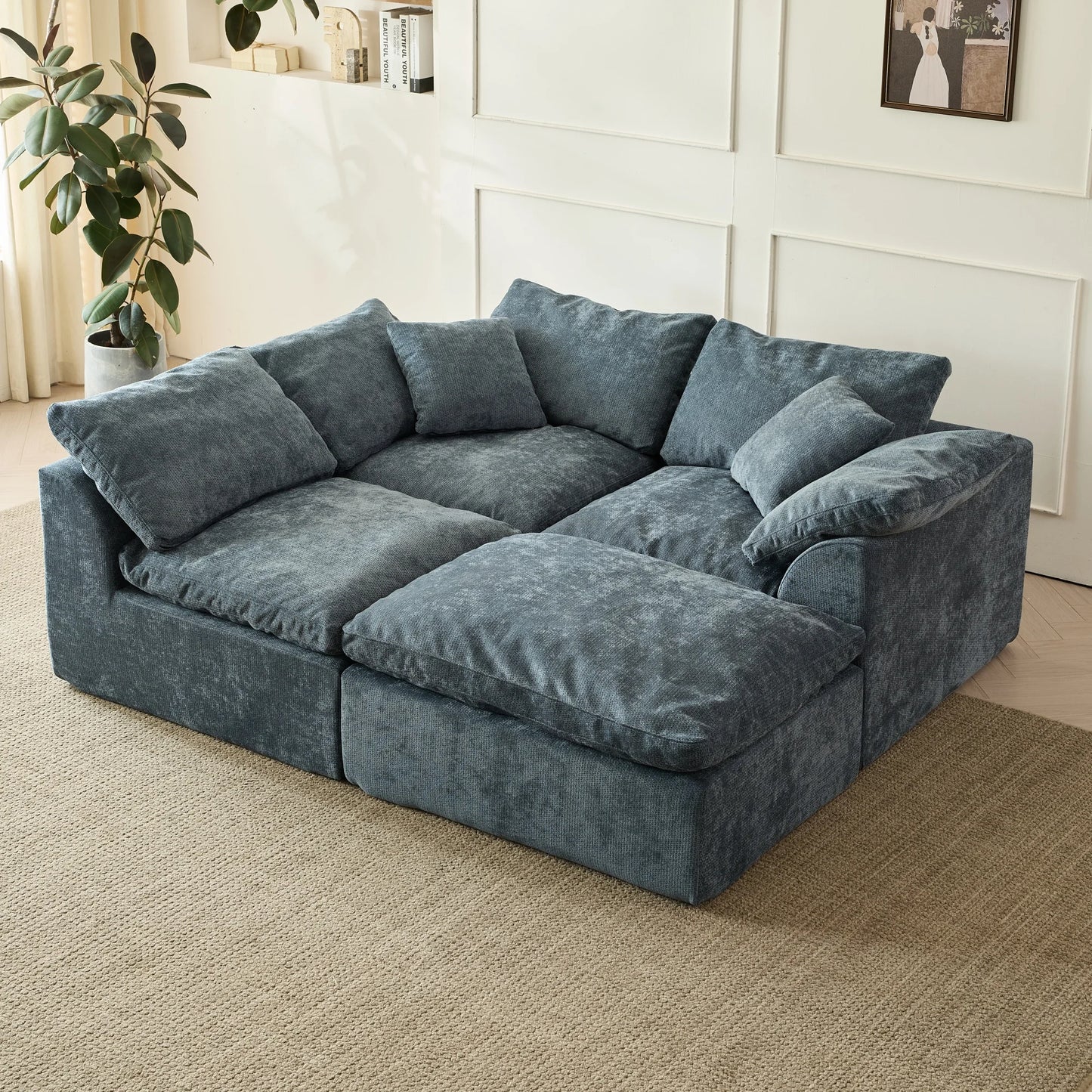 Yeflixvrau Modern Cloud L Shaped Chenille Fabric Sofa Modular Sectional Ottoman