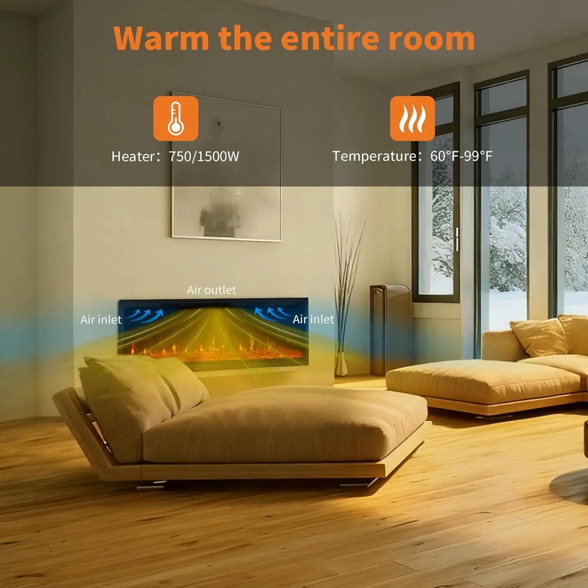 Acekool Wall Mounted Electric Fireplace Heater With Remote Control