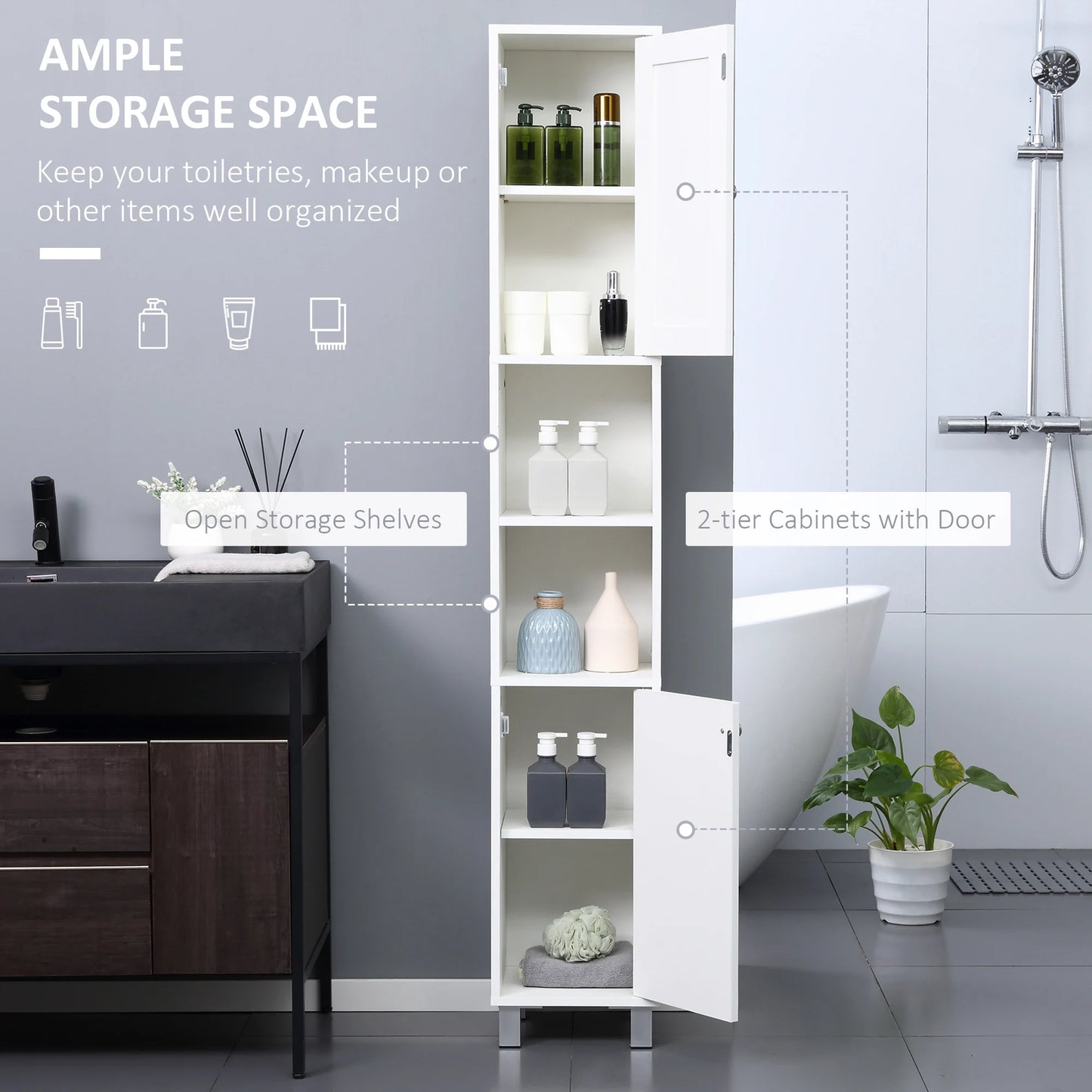 KLEANKIN Tall Freestanding Bathroom Storage Cabinet With Mirror And Adjustable Shelves