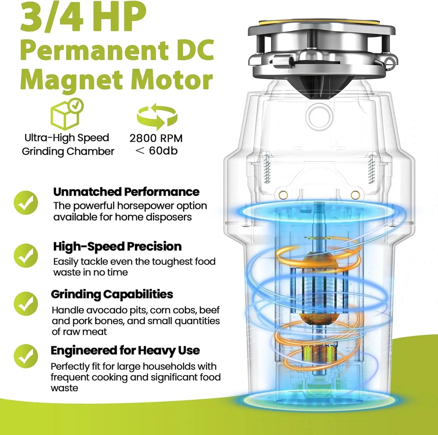 XMSJ Three Quarter HP Quiet Garbage Disposal With Cord Hookup