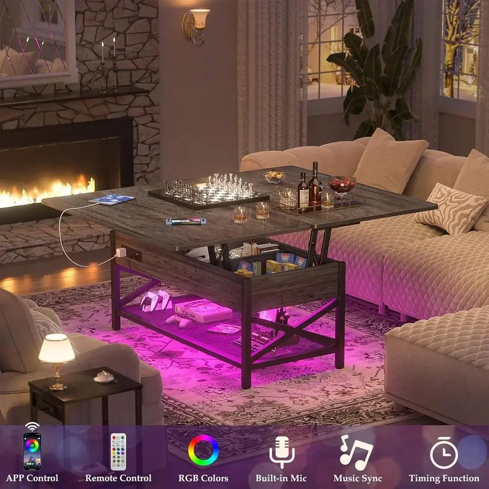 Coffee Table With Lit Top Converts To Dining Table LED Power Outlet