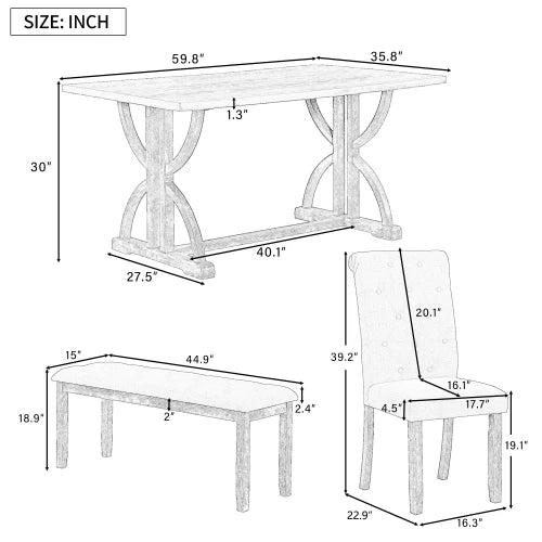 Retro Rectangular Dining Table Set With Upholstered Chairs And Bench
