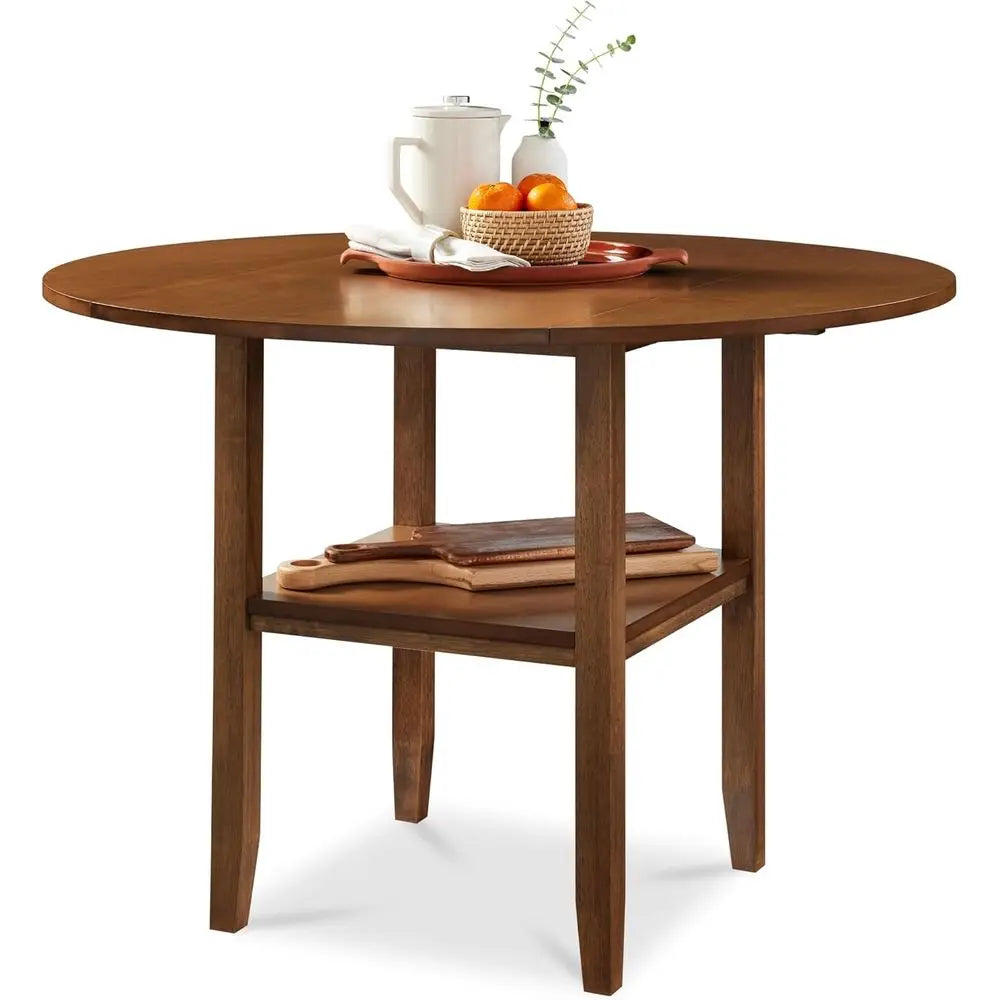 Ticify Round Drop Leaf Dining Table With Storage Shelves