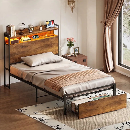 Casacomoda Metal Platform Bed Frame With Storage And Charging Station